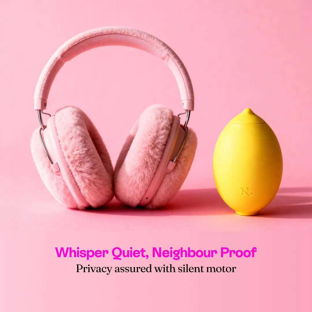 Nancy Lem beside pink headphones: whisper quiet, neighbour proof